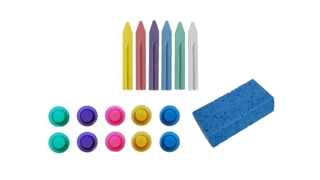 Set - eraser for chalkboards + colored chalk + 10 colored magnets