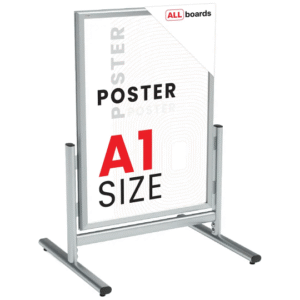 A1 size, double-sided snap frame advertising stand in a silver aluminium frame