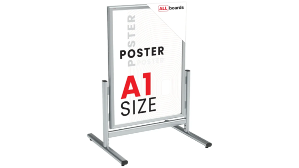 A1 size, double-sided snap frame advertising stand in a silver aluminium frame