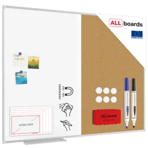 COMBO whiteboard dry erase magnetic and cork notice board aluminium frame 120x90 cm