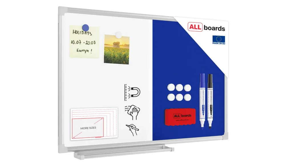 Combination Board 2 in 1 Whiteboard & Blue Felt Board with Aluminium Frame 60x40cm, Pin Board Magnetic Board