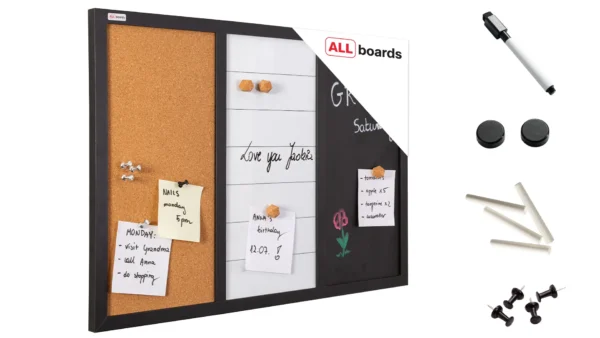 3-in-1 Combination Board: Dry Erase-Magnetic, Magnetic-Chalk, and Cork Board 60x40 cm