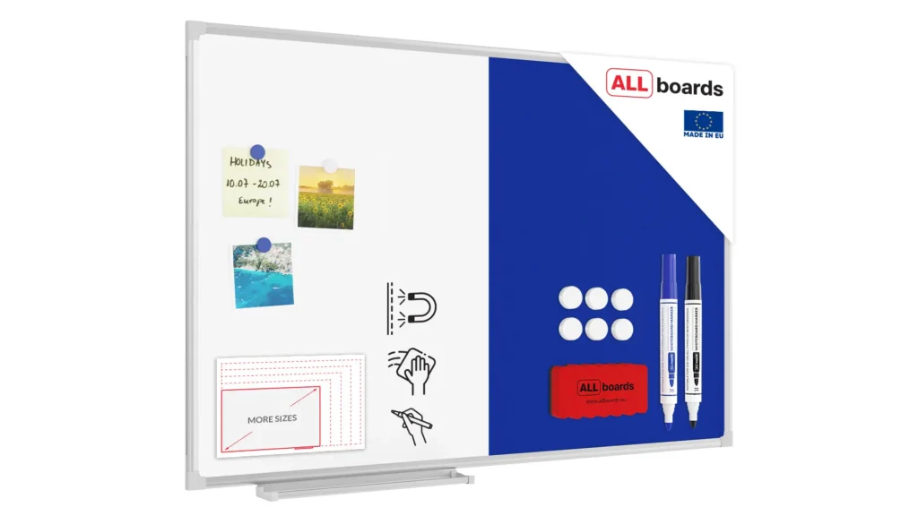 Combination Board 2 in 1 Whiteboard & Blue Felt Board with Aluminium Frame 90x60cm, Pin Board Magnetic Board