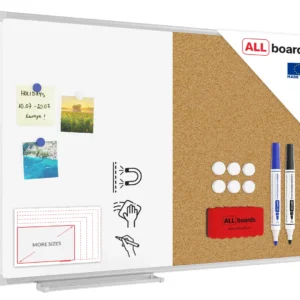 COMBO whiteboard dry erase magnetic and cork notice board aluminium frame 90x60 cm