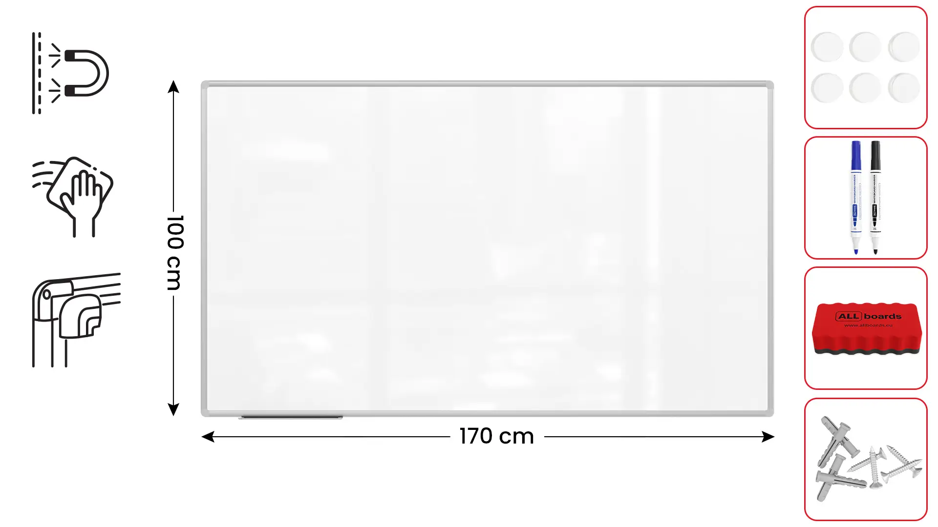 Whiteboard dry erase magnetic surface aluminium frame 170x100 cm PREMIUM EXPO + FREE Accessory Set - Image 2