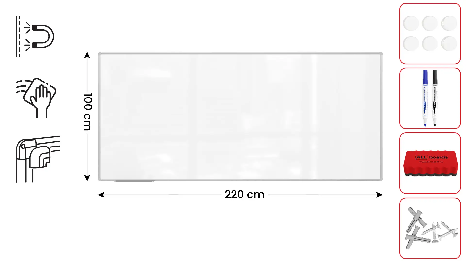 Whiteboard dry erase magnetic surface aluminium frame 220x100 cm PREMIUM EXPO + FREE Accessory Set - Image 2