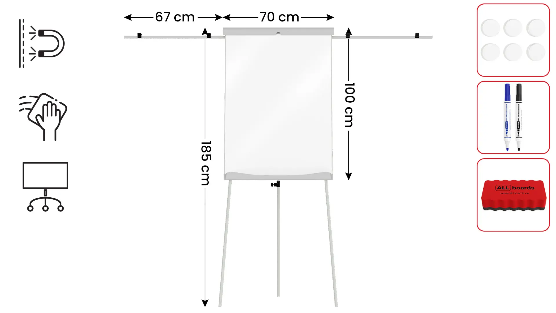 Flipchart with Side Arms 100x70cm , dry erase magnetic surface 100×70 cm