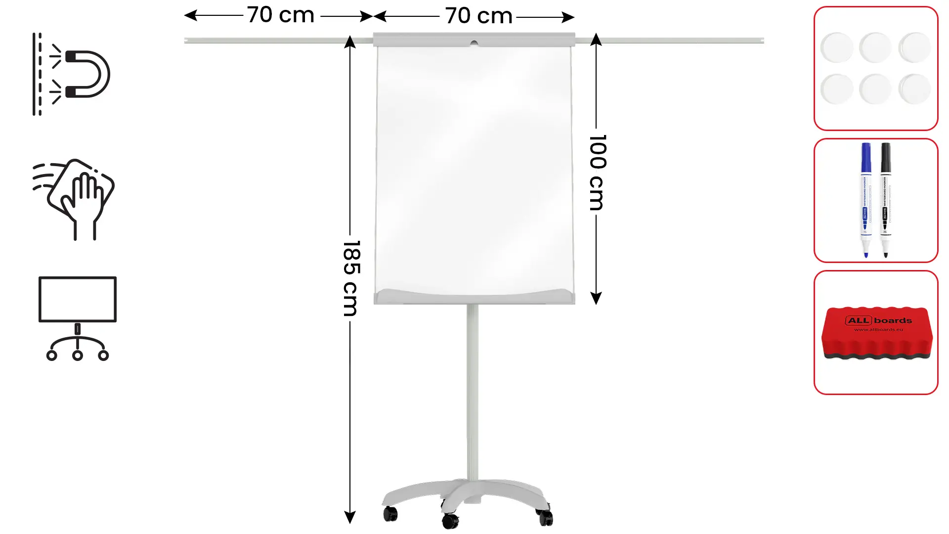 Mobile Flipchart with Side Arms 100x70cm , dry erase magnetic surface 100×70 cm
