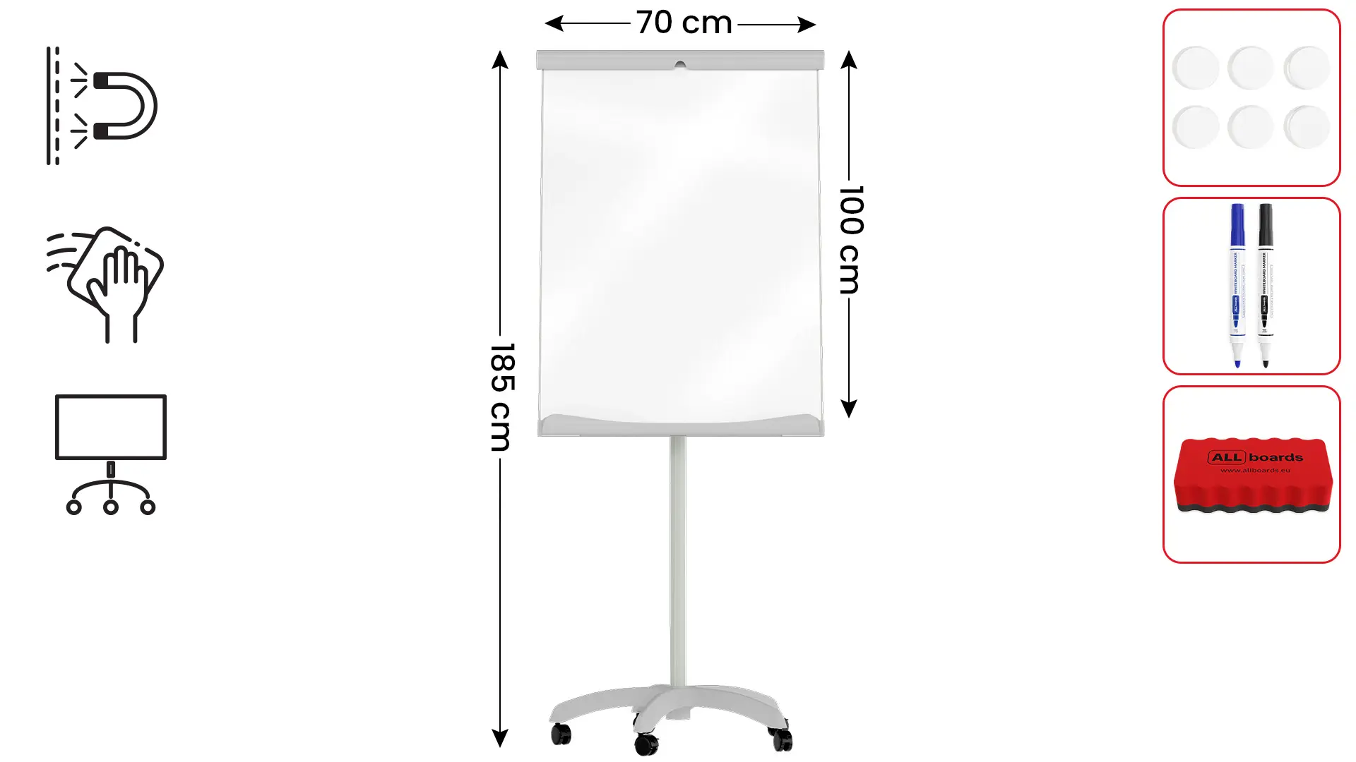 Mobile flipchart whiteboard dry erase magnetic surface 100x70 cm