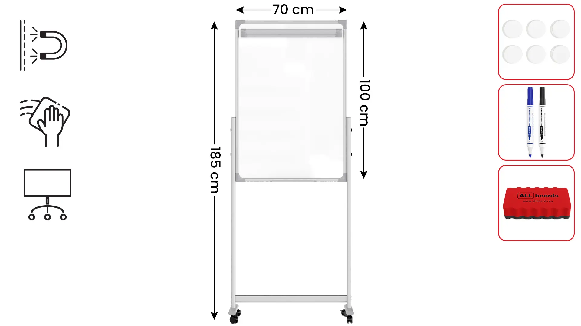 Mobile whiteboard dry erase magnetic surface 100x70 cm DOUBLE SIDED