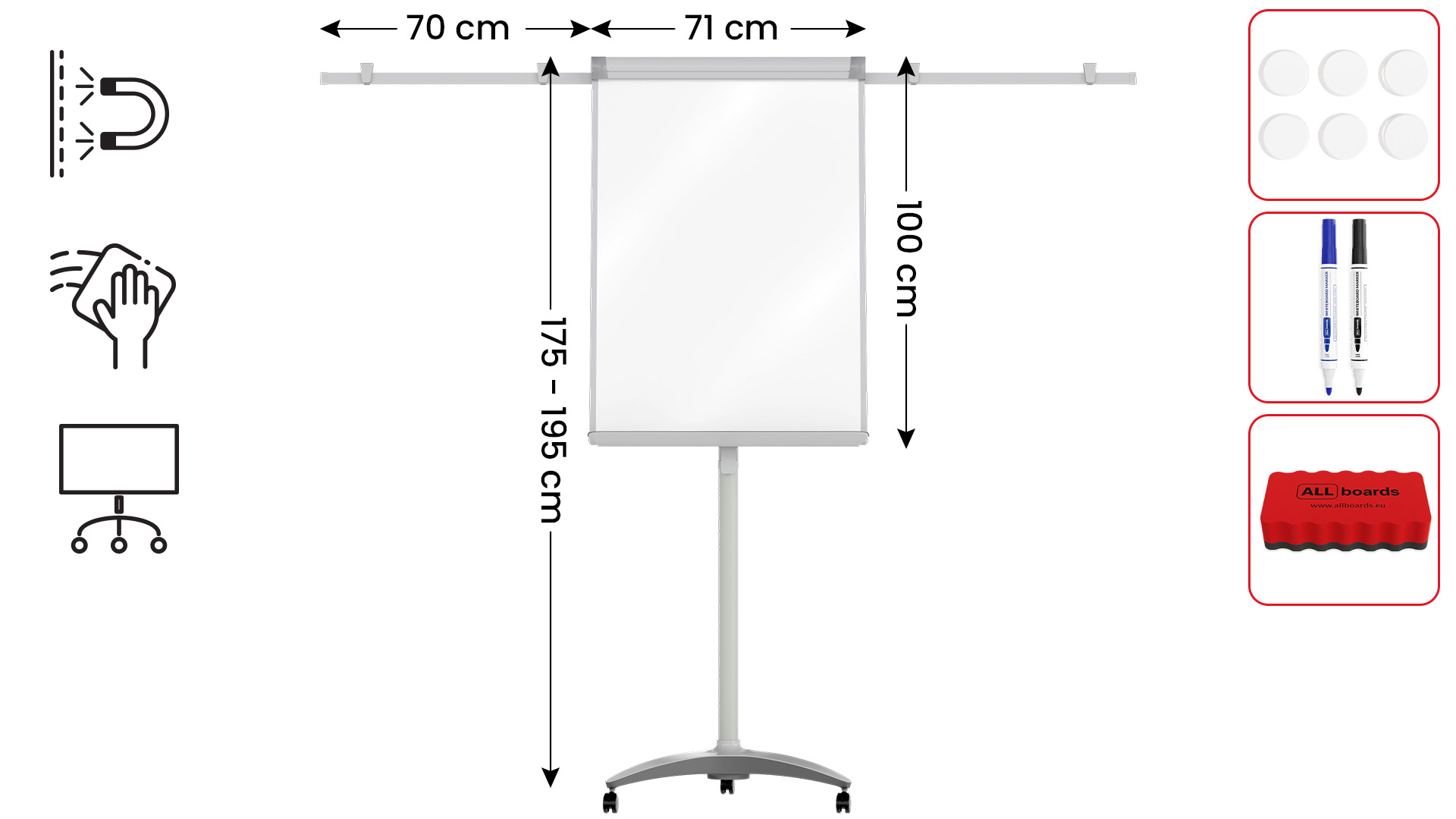 EXCLUSIVE mobile flipchart whiteboard dry erase magnetic surface 100x70 cm with shoulders