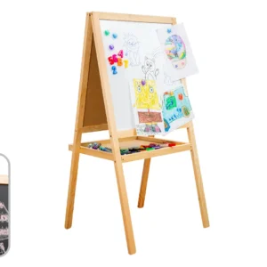 Kids double-sided chalkboard and magnetic whiteboard on easel 120 cm, solid, thick frames, foldable shelf