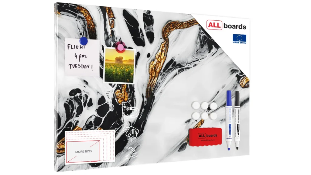 Magnetic Boards MetalBoard GOLDEN WHITE MARBLE 60x40cm a Magnetic Metal Poster with an imprint for all types of magnets, Wall Mounted Durable 3D Printed + a set of accessories Included
