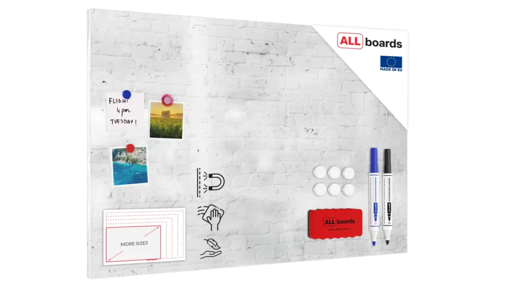 Magnetic Boards MetalBoard WHITE BRICK, WHITE BRICK WALL 90x60cm a Magnetic Metal Poster for all types of magnets + a set of accessories Included