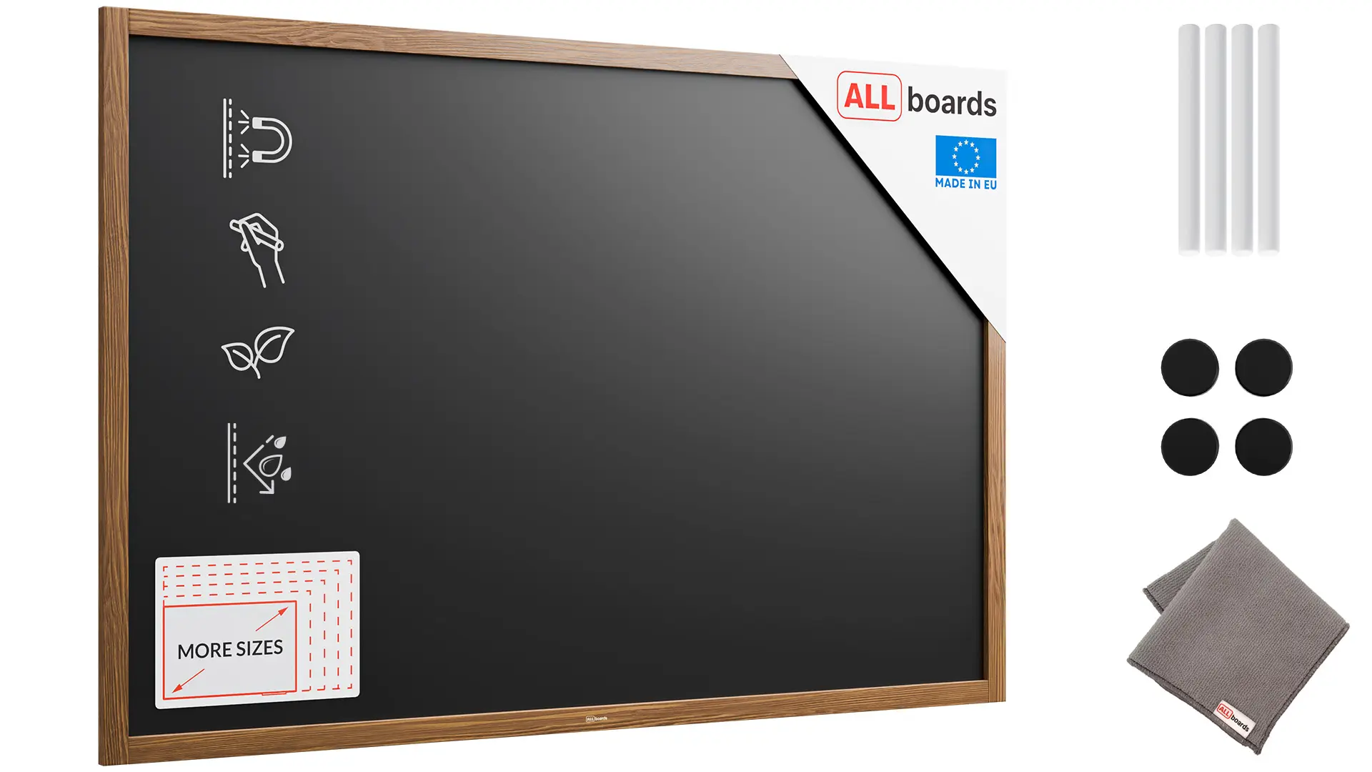 Magnetic Waterproof Chalkboard 150 x 100 cm in Wooden Frame – Classic Brown - FREE Accessories Included