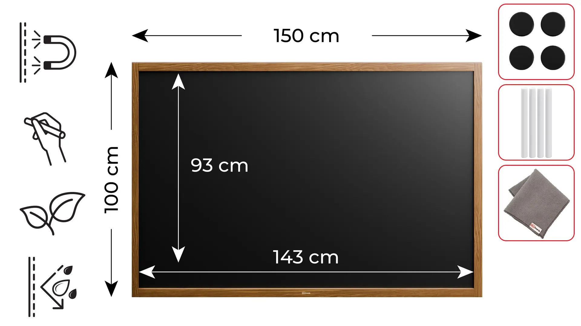 Magnetic Waterproof Chalkboard 150 x 100 cm in Wooden Frame – Classic Brown - FREE Accessories Included - Image 2
