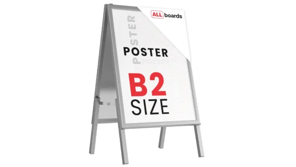 B2 size, double-sided, snap frame A-board in a silver aluminium frame