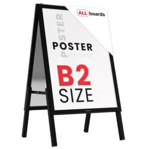 B2 size, double-sided, snap frame A-board in a black aluminium frame