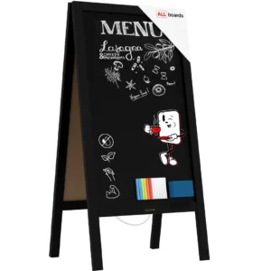 Pavement Sign with Black Varnished Wooden Frame 100x49,5cm, Sidewalk Advertising Board Chalkboard A-Frame with Chain Double Sides for Shop Pub Restaurant
