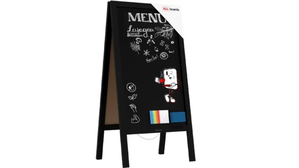 Pavement Sign with Black Varnished Wooden Frame 100x49,5cm, Sidewalk Advertising Board Chalkboard A-Frame with Chain Double Sides for Shop Pub Restaurant