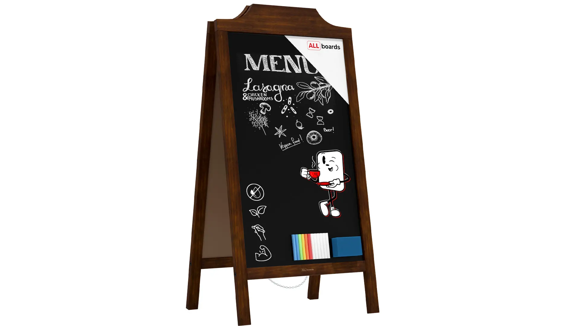 Pavement Sign with Wave Top Border Wooden Frame 100x49,5cm, Sidewalk Advertising Board Chalkboard A-Frame