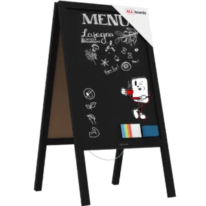 Pavement Sign with Black Varnished Wooden Frame 118x61cm, Sidewalk Advertising Board Chalkboard A-Frame with Chain Double Sides for Shop Pub Restaurant