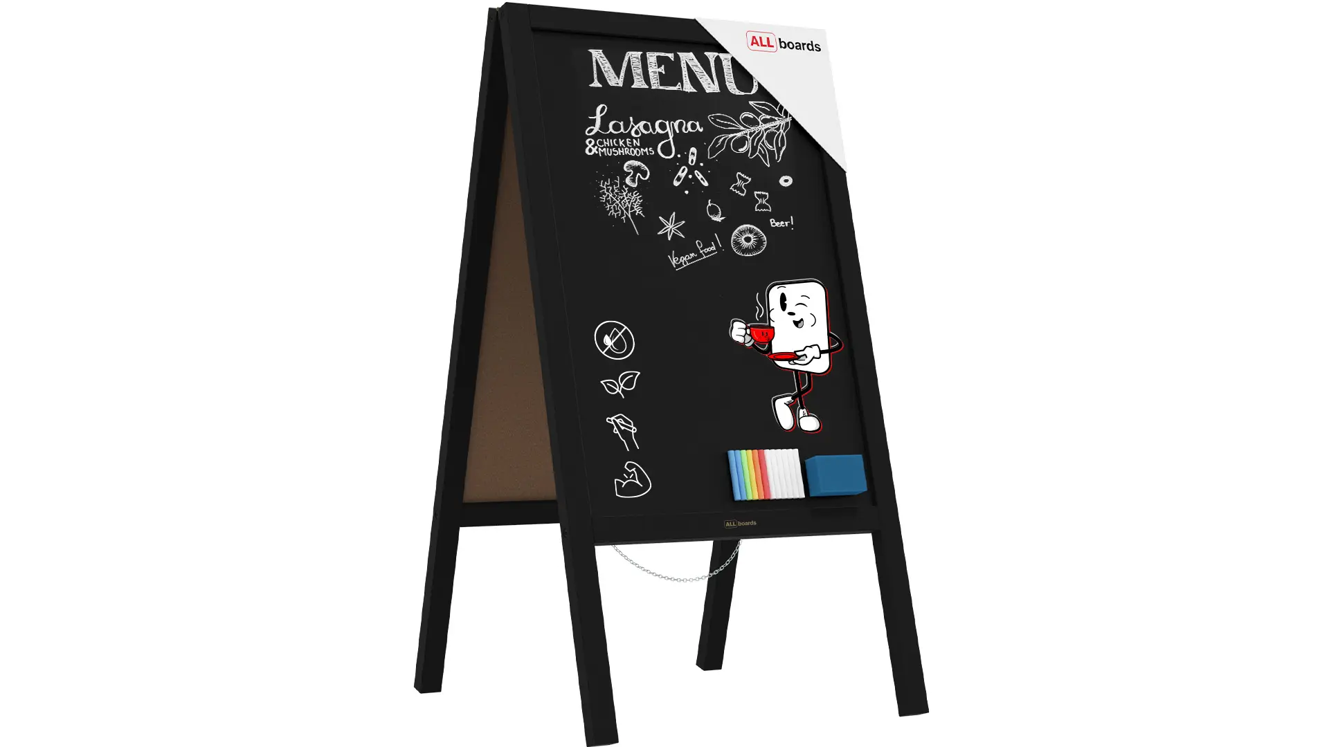 Pavement Sign with Black Varnished Wooden Frame 118x61cm, Sidewalk Advertising Board Chalkboard A-Frame with Chain Double Sides for Shop Pub Restaurant