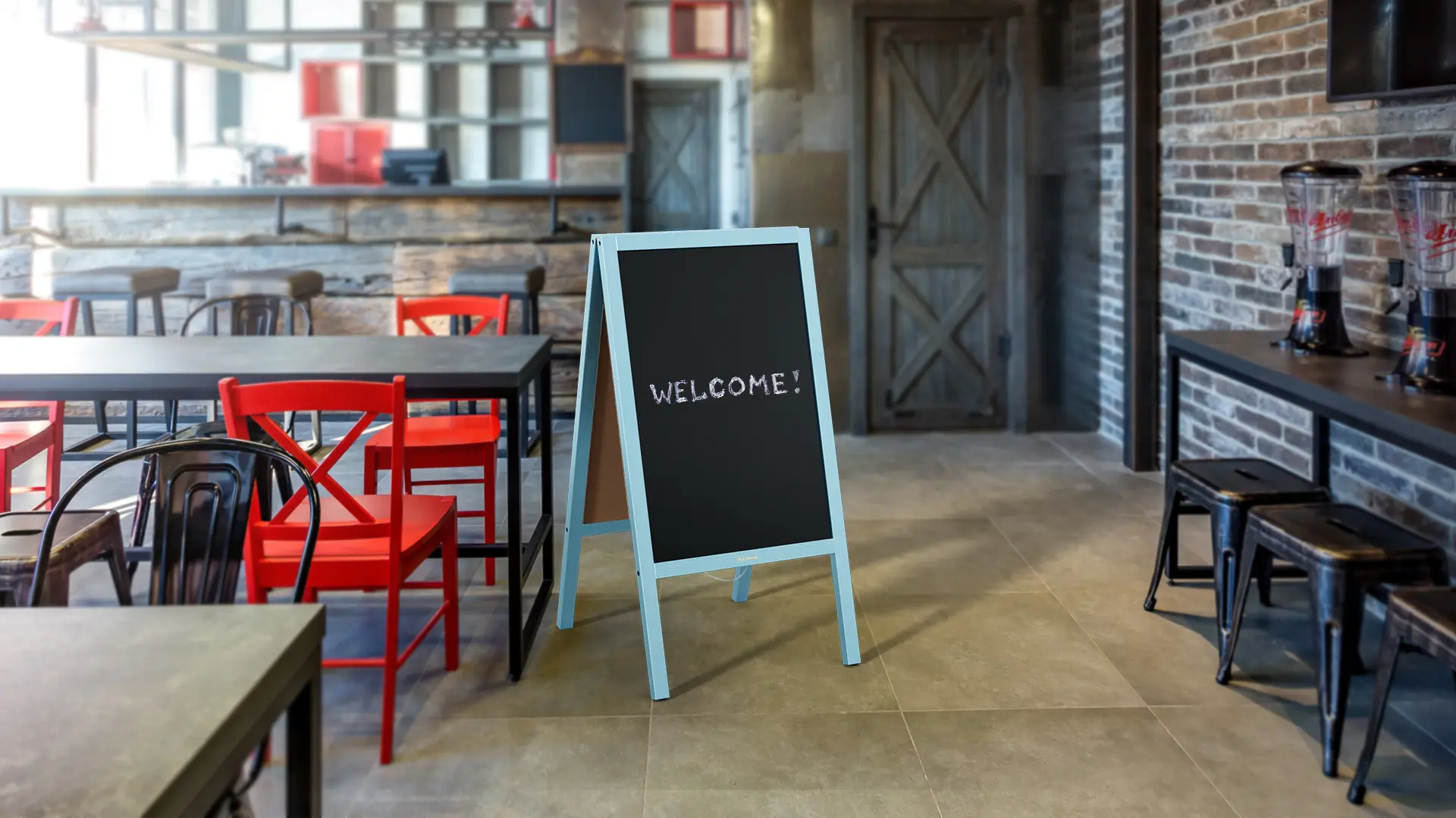 Pavement Sign with Blue Varnished Wooden Frame 118x61cm, Sidewalk Advertising Board Chalkboard A-Frame with Chain Double Sides for Shop Pub Restaurant - Image 10