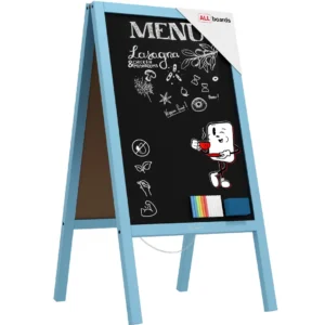 Pavement Sign with Blue Varnished Wooden Frame 118x61cm, Sidewalk Advertising Board Chalkboard A-Frame with Chain Double Sides for Shop Pub Restaurant
