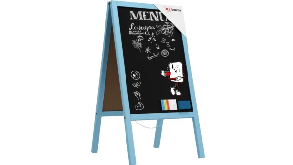 Pavement Sign with Blue Varnished Wooden Frame 118x61cm, Sidewalk Advertising Board Chalkboard A-Frame with Chain Double Sides for Shop Pub Restaurant