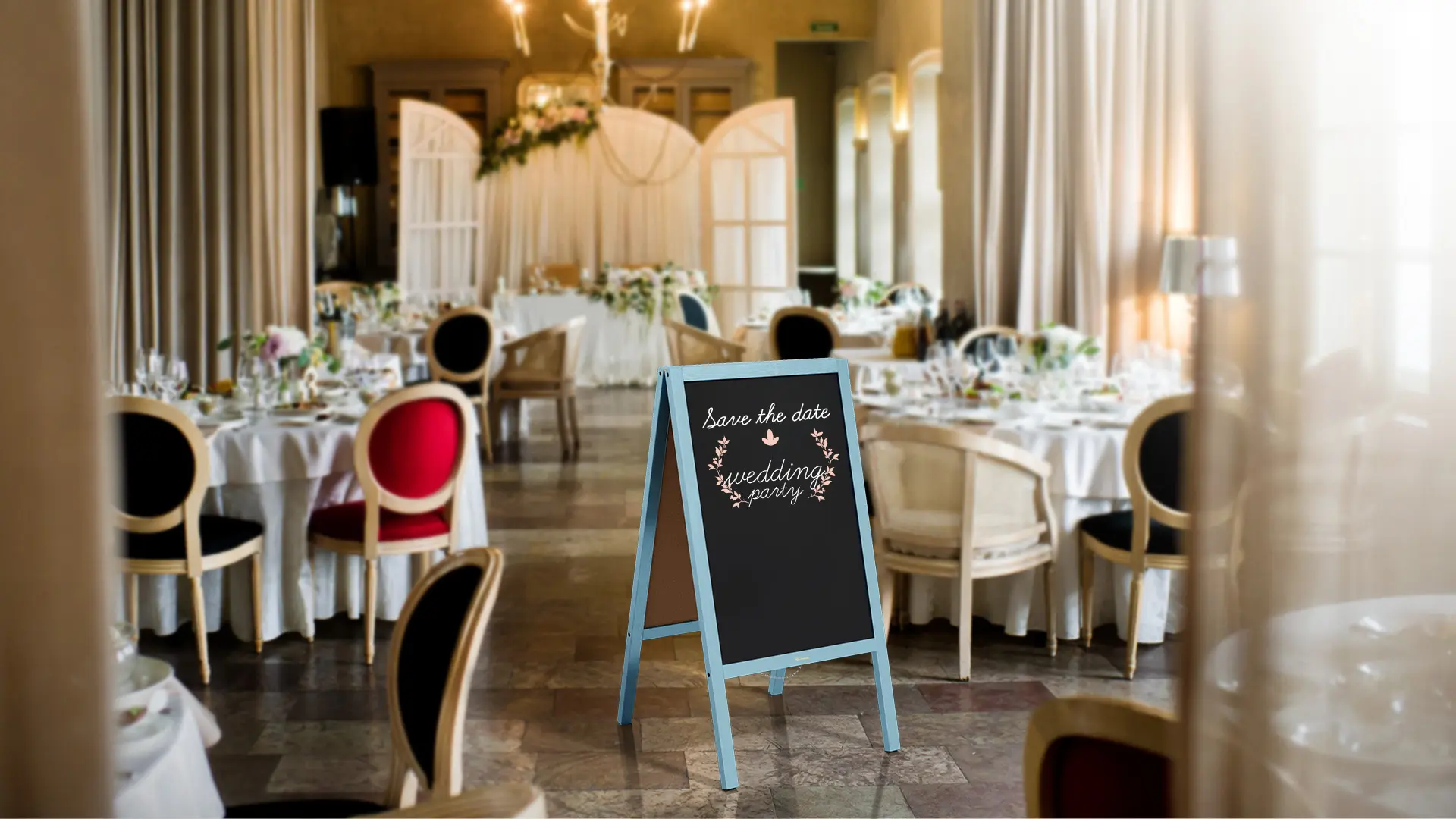 Pavement Sign with Blue Varnished Wooden Frame 118x61cm, Sidewalk Advertising Board Chalkboard A-Frame with Chain Double Sides for Shop Pub Restaurant - Image 4