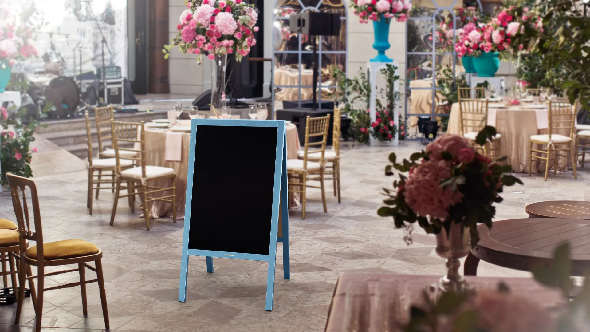 Pavement Sign with Blue Varnished Wooden Frame 118x61cm, Sidewalk Advertising Board Chalkboard A-Frame with Chain Double Sides for Shop Pub Restaurant - Image 8