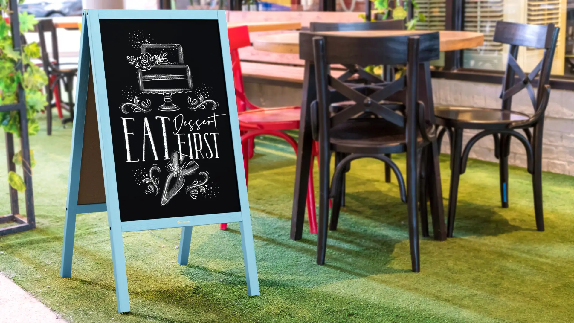 Pavement Sign with Blue Varnished Wooden Frame 118x61cm, Sidewalk Advertising Board Chalkboard A-Frame with Chain Double Sides for Shop Pub Restaurant - Image 9