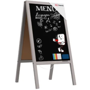 Pavement Sign with Grey Varnished Wooden Frame 118x61cm, Sidewalk Advertising Board Chalkboard A-Frame with Chain Double Sides for Shop Pub Restaurant