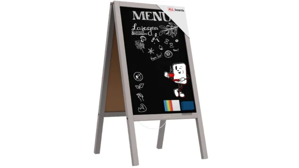 Pavement Sign with Grey Varnished Wooden Frame 118x61cm, Sidewalk Advertising Board Chalkboard A-Frame with Chain Double Sides for Shop Pub Restaurant