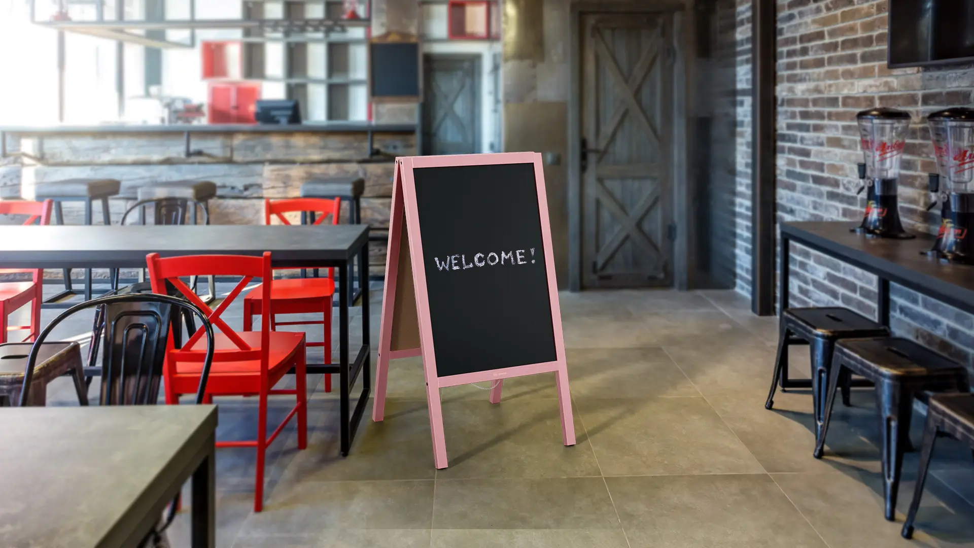 Pavement Sign with Pink Varnished Wooden Frame 118x61cm, Sidewalk Advertising Board Chalkboard A-Frame with Chain Double Sides for Shop Pub Restaurant - Image 9