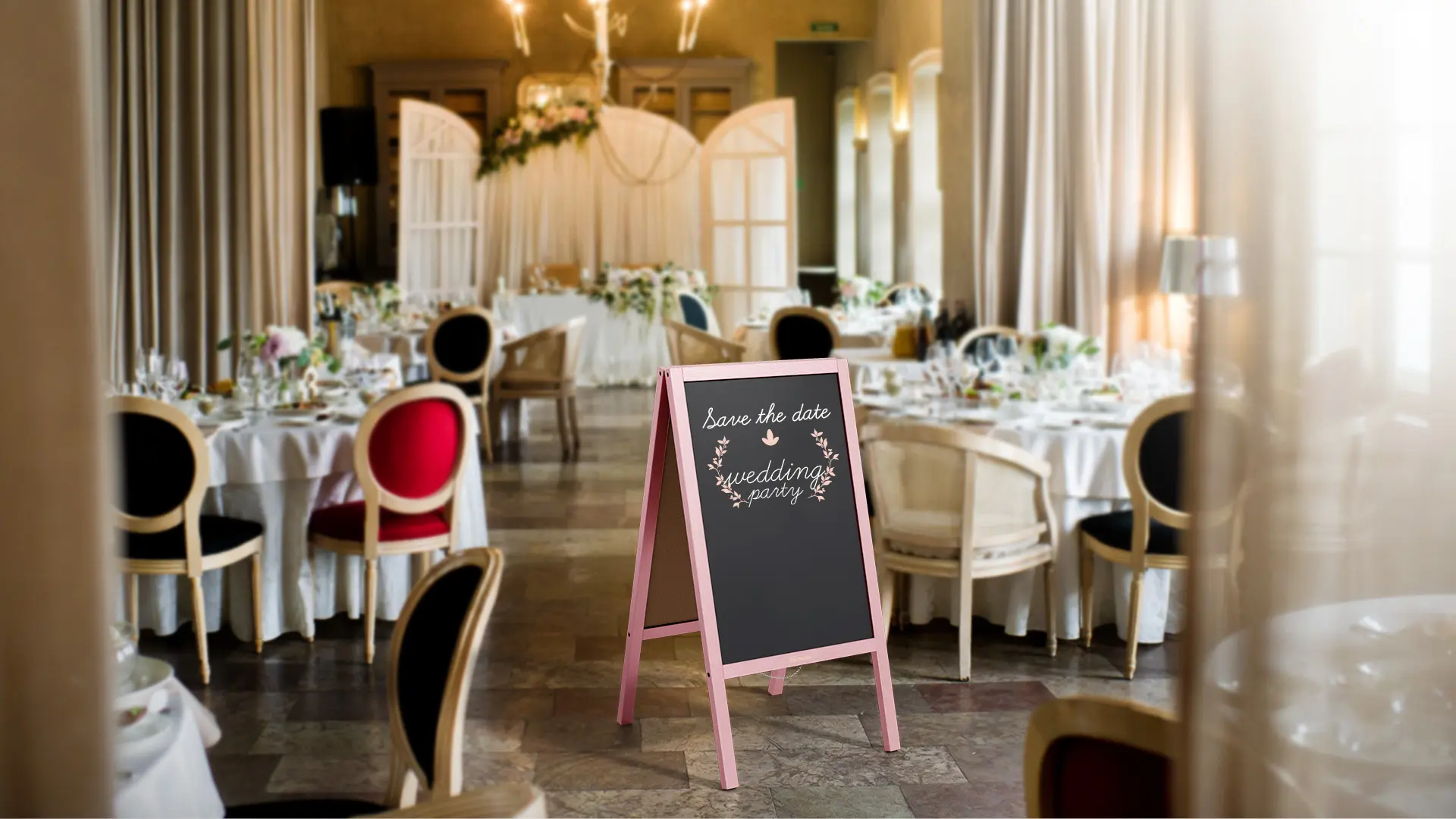 Pavement Sign with Pink Varnished Wooden Frame 118x61cm, Sidewalk Advertising Board Chalkboard A-Frame with Chain Double Sides for Shop Pub Restaurant - Image 3