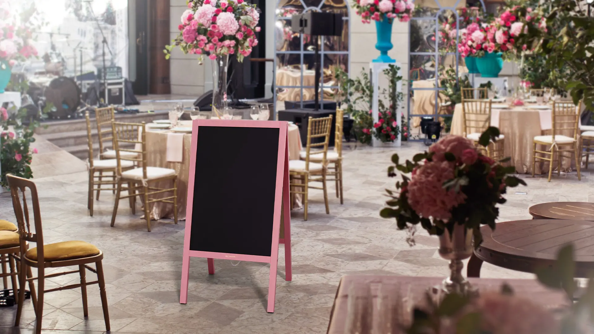 Pavement Sign with Pink Varnished Wooden Frame 118x61cm, Sidewalk Advertising Board Chalkboard A-Frame with Chain Double Sides for Shop Pub Restaurant - Image 7