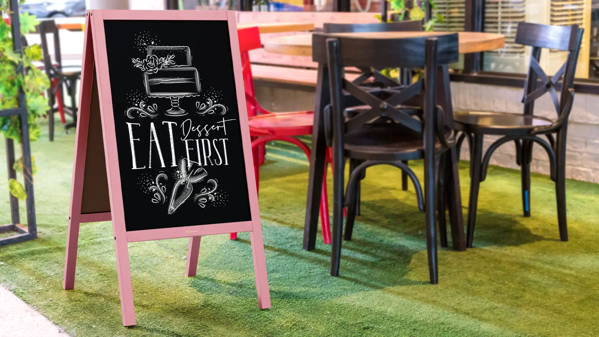 Pavement Sign with Pink Varnished Wooden Frame 118x61cm, Sidewalk Advertising Board Chalkboard A-Frame with Chain Double Sides for Shop Pub Restaurant - Image 8