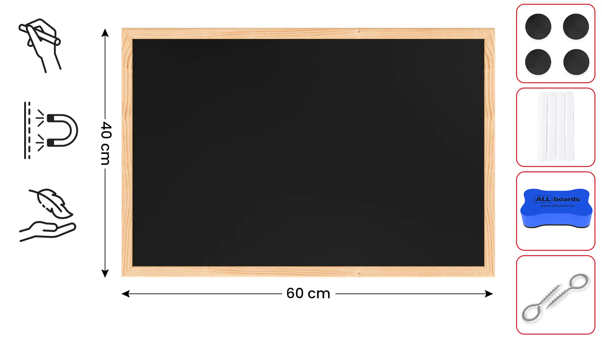 Magnetic Chalkboard with Wooden Frame 60x40cm, Magnetic Chalkboard chalk + FREE Accessories - Image 2