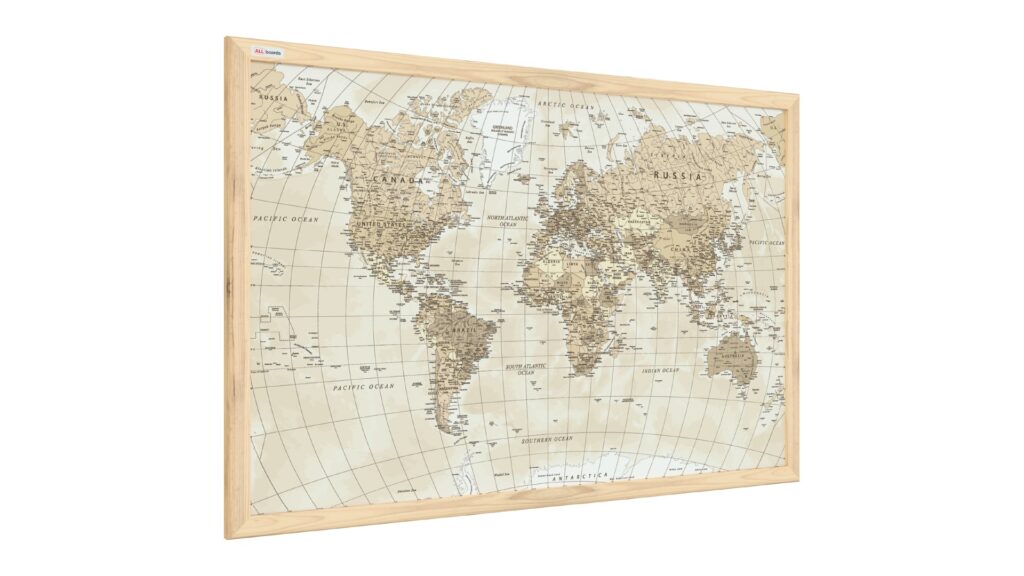 Magnetic whiteboard with a print of a world map in beige pastel colours, 60x40cm, in a natural wooden frame