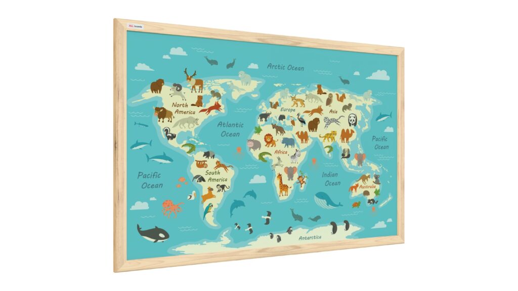 Children's world map whiteboard featuring adorable animals, sized 60x40cm, elegantly framed in natural wood