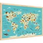 Children's world map whiteboard featuring adorable animals, sized 60x40cm, elegantly framed in natural wood