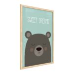 Teddy bear 'Sweet Dreams,' whiteboard, pastel colours, 60x40cm, in a frame made of natural wood