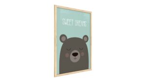 Teddy bear 'Sweet Dreams,' whiteboard, pastel colours, 60x40cm, in a frame made of natural wood