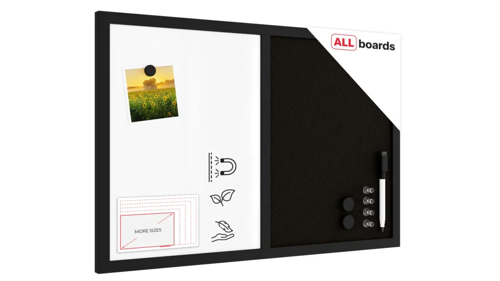 Whiteboard and black cork COMBO board in a black wooden frame 60 x 40cm