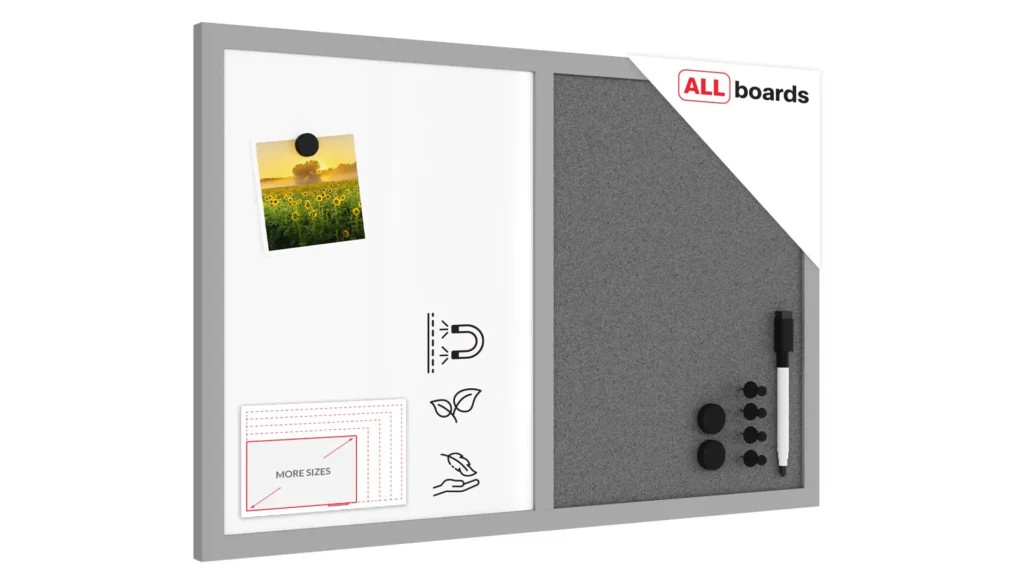 Whiteboard and grey cork COMBO board in a grey wooden frame 60 x 40cm