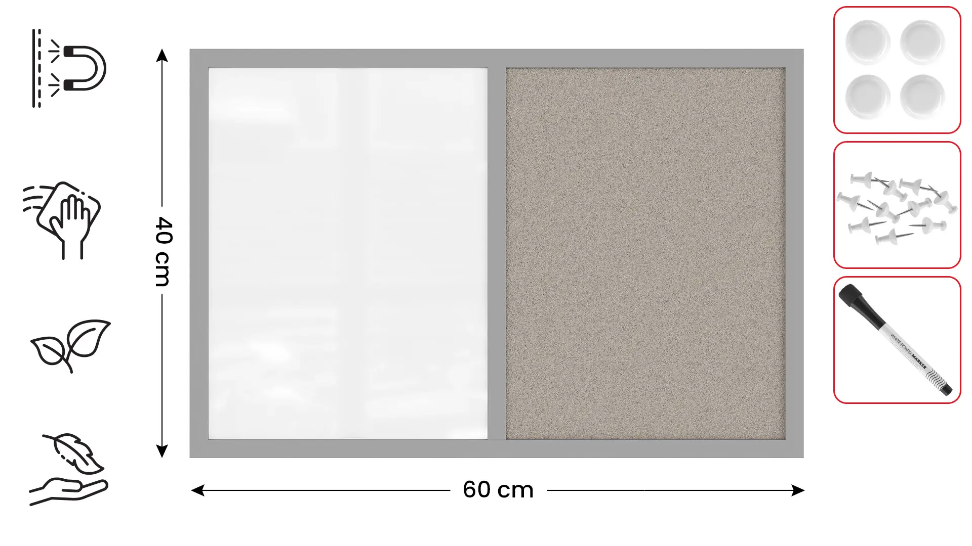 Whiteboard and grey cork COMBO board in a grey wooden frame 60 x 40cm - Image 2