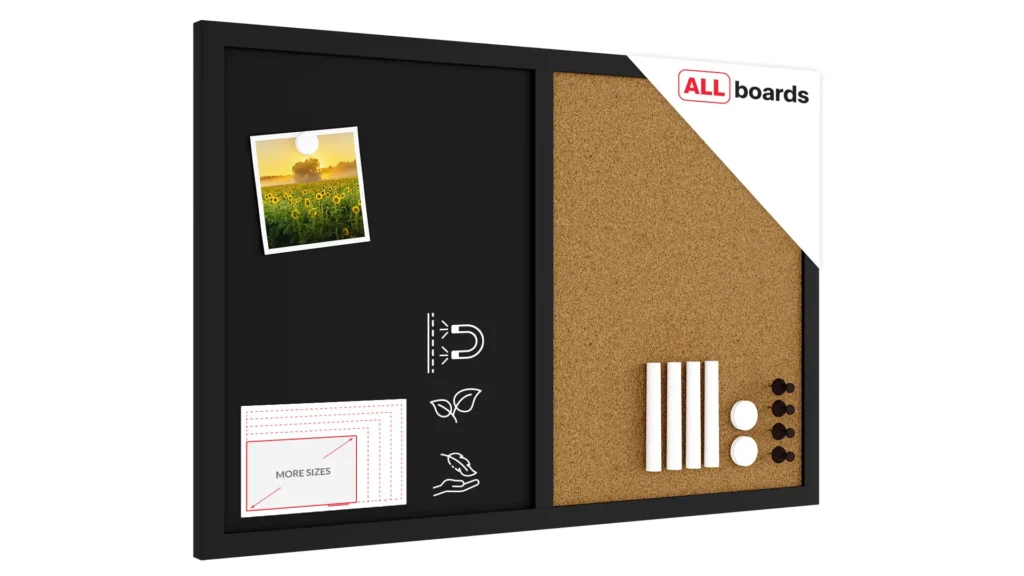 60x40cm cork and black chalkboard Combi board with varnished black frame