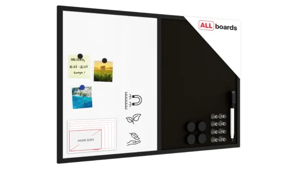 Whiteboard and black cork COMBO board in a black wooden frame 90 x 60cm